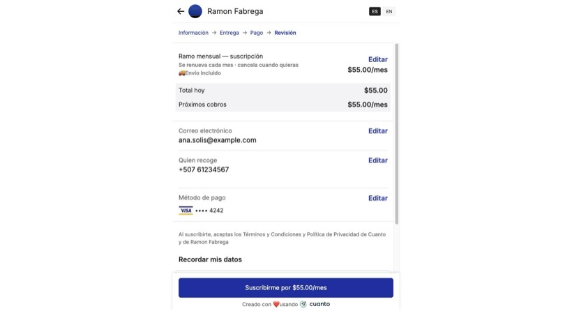 Pantalla de revisión del checkout con las filas Total hoy y Próximos cobros, y el botón Suscribirme por $55.00 al mes.