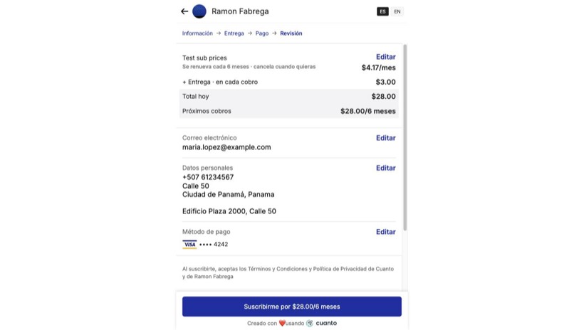 Revisión del checkout mostrando una línea de entrega cobrada en cada ciclo, sumada al total.