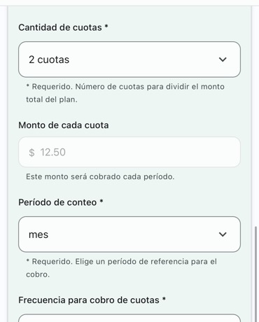 Campo Cantidad de cuotas en «2 cuotas» y debajo el monto de cada cuota calculado automáticamente en $12.50.