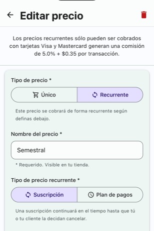 Formulario de precio con Tipo de precio en Recurrente y Tipo de precio recurrente en Suscripción.