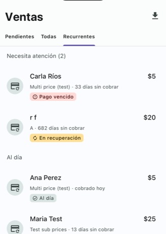 Solapa Recurrentes con el grupo «Necesita atención (2)» arriba y el grupo «Al día» debajo, cada fila con cliente, monto y días sin cobrar.
