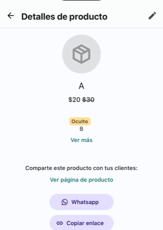 Pantalla Detalles de producto con los botones Whatsapp, Copiar enlace, Compartir y Duplicar.