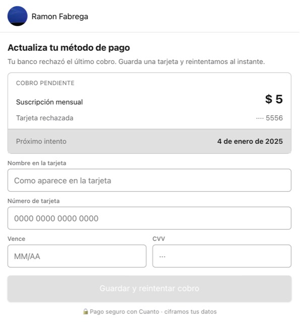 Página web donde el cliente escribe una tarjeta nueva y reintenta el cobro pendiente.